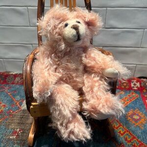 VTG HANDCRAFTED MOHAIR PINK ARTICULATED TOY BEAR PULLED FELT FACE GLASS EYES 12"